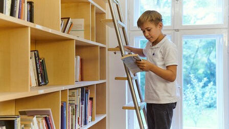 Ein Junge steht in der Schulbibliothek auf einer Leiter und holt sich ein Buch.	