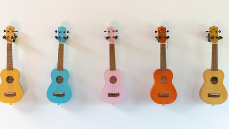Ukuleles hang in a row on the wall.