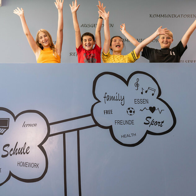 Four students are standing behind and above a blue wall, happily holding their arms in the air. On the wall is a graphic with two clouds containing the words "Schule, stress, lernen, Arbeit, homework" and "family, Essen, free, Freunde, Sport, health".