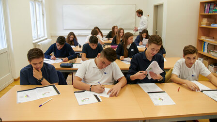 Schülerinnen und Schüler sitzen an vier Tischreihen im Klassenzimmer und bearbeiten Arbeitsblätter. 